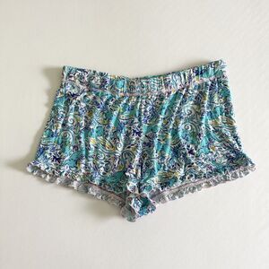 Lilly Pulitzer Lounge Shorts Womens Large Blue Green Floral Ruffle Hem Pajama